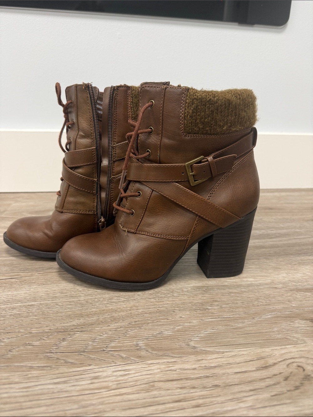 A.N.A. - Women's Brown Zip Up with Laces and Buckle Block Heel Ankle Boots
